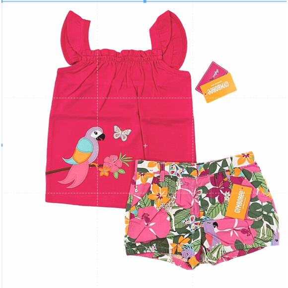 NWT Gymboree Parrot Ruffle Top & Tropical Flower Bubble Shorts - Picture 1 of 12